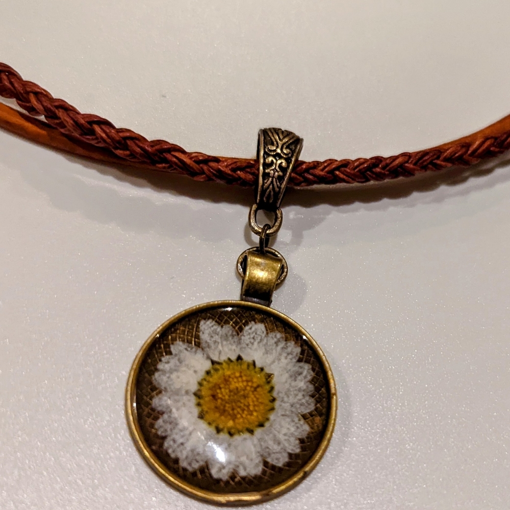 SOLD Boho Choker Braided Leather Dried Flower for Clavicle 16" length